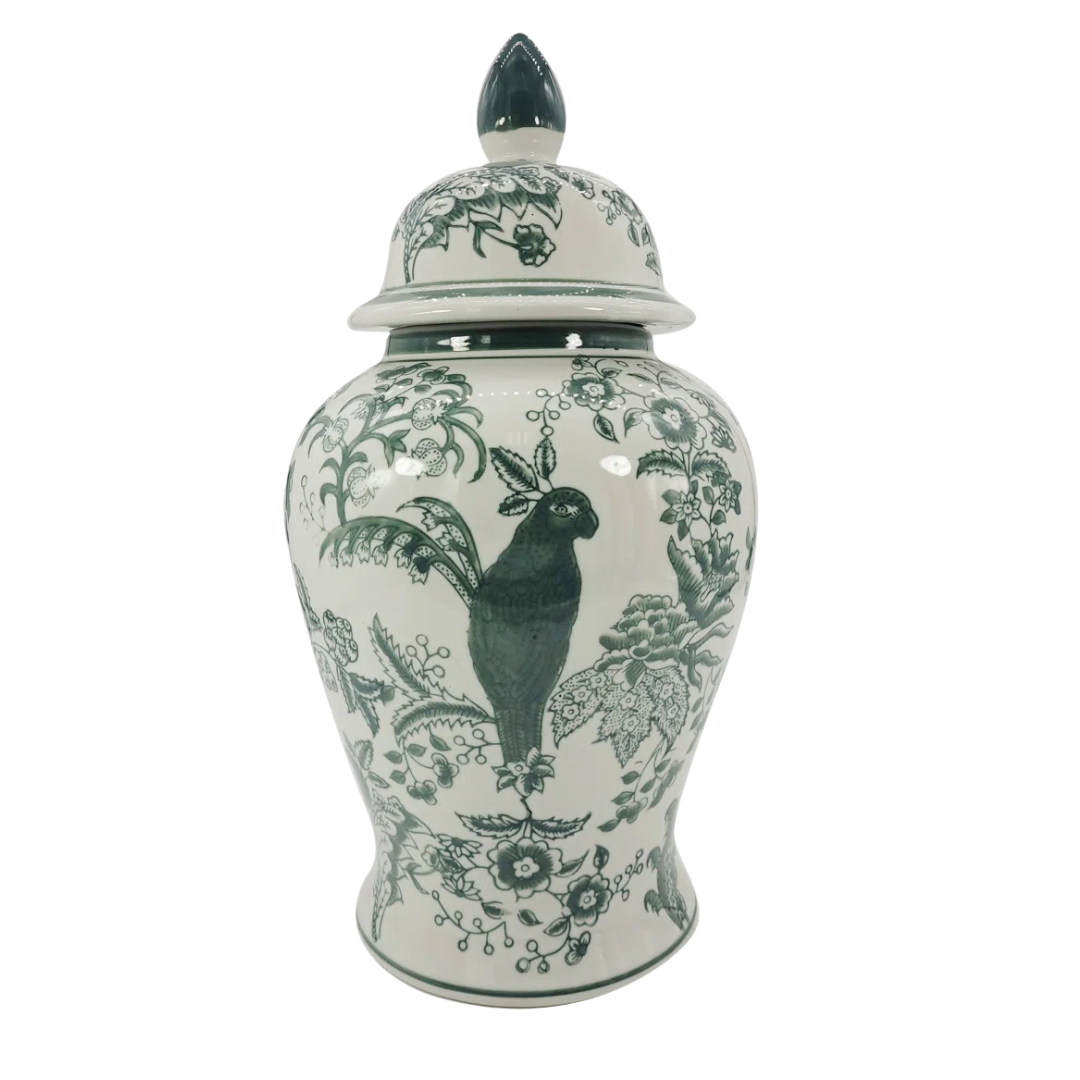 Parrot Chinoiserie Ceramic Jar (Jasper Green) 18"